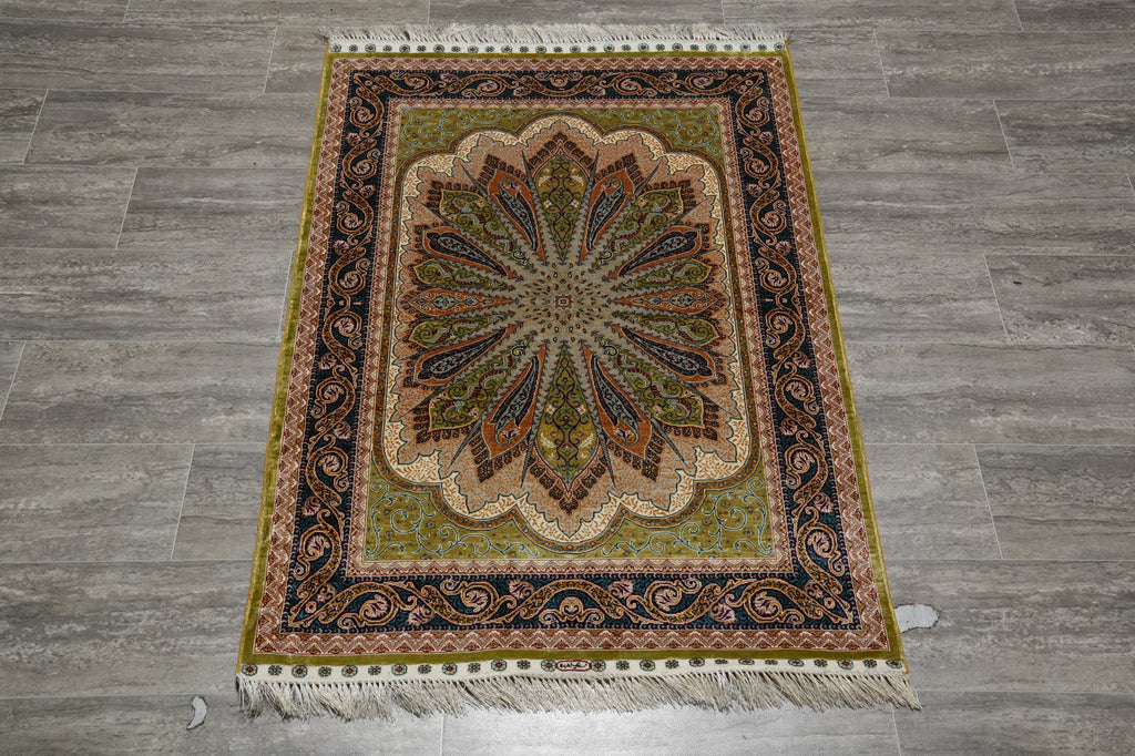 3 x 4.6 Silk Handmade Rug Hereke Design Green Blue #60240