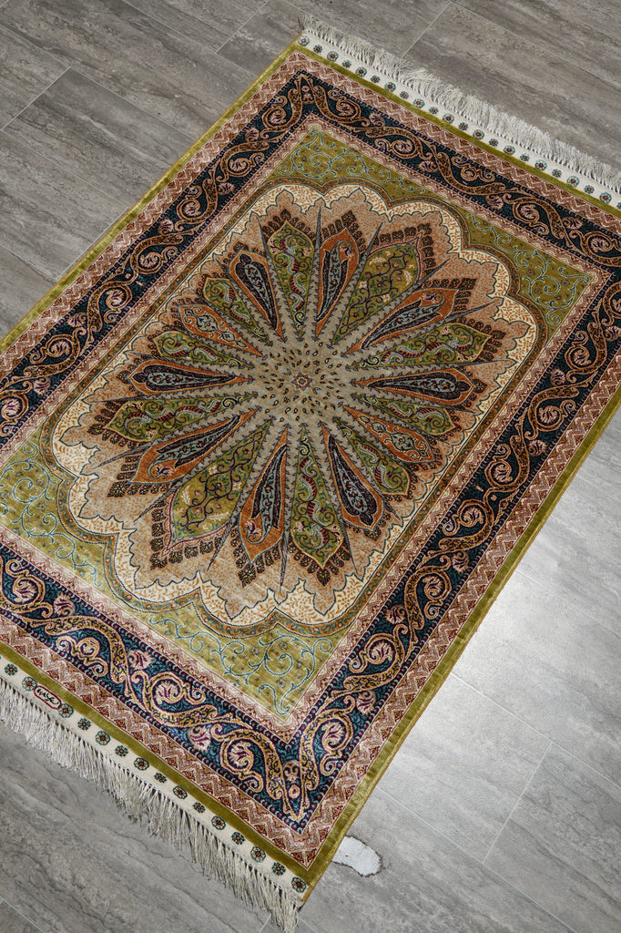 3 x 4.6 Silk Handmade Rug Hereke Design Green Blue #60240