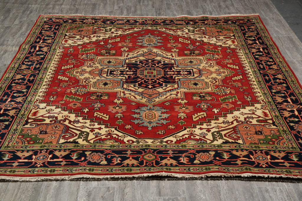 8' x 10' Serapi Heriz Rug – Classic Red Field with Navy Geometric Medallion #F-74909