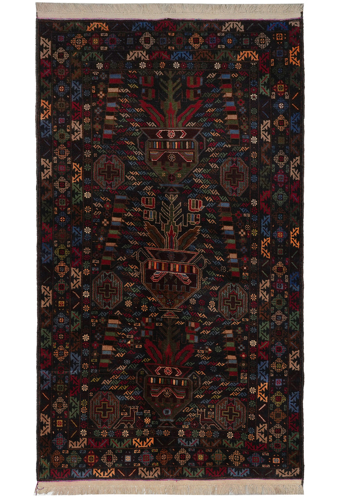 4 x 7 Black Wool Afghan Baluch Rug #F-3228