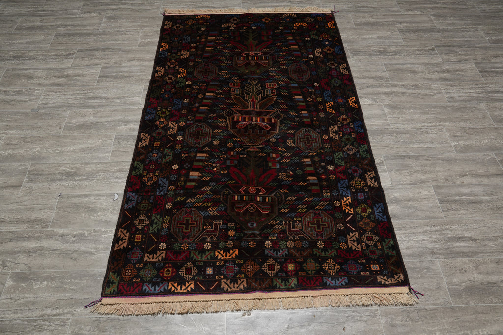 4 x 7 Black Wool Afghan Baluch Rug #F-3228