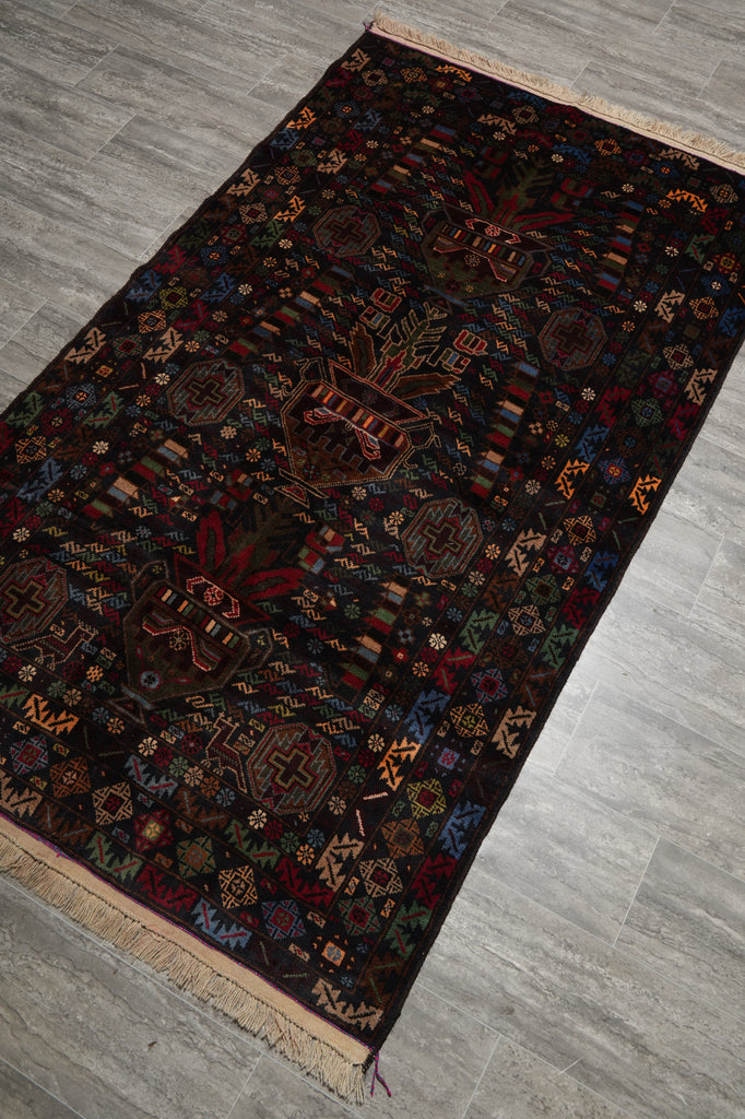 4 x 7 Black Wool Afghan Baluch Rug #F-3228
