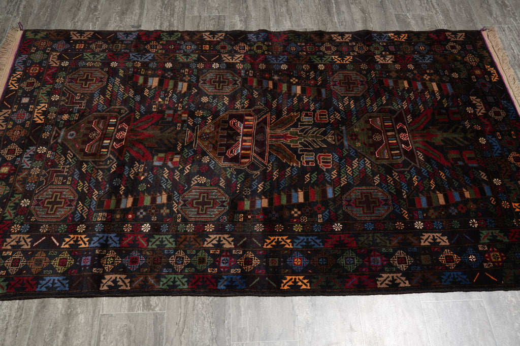 4 x 7 Black Wool Afghan Baluch Rug #F-3228