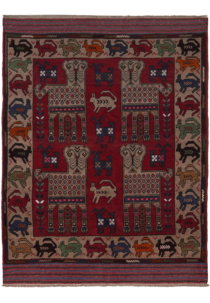 4.4 x 6 Handmade Art and Craft Pictorial Animal Motif Afghan Wool Rug #F-3231