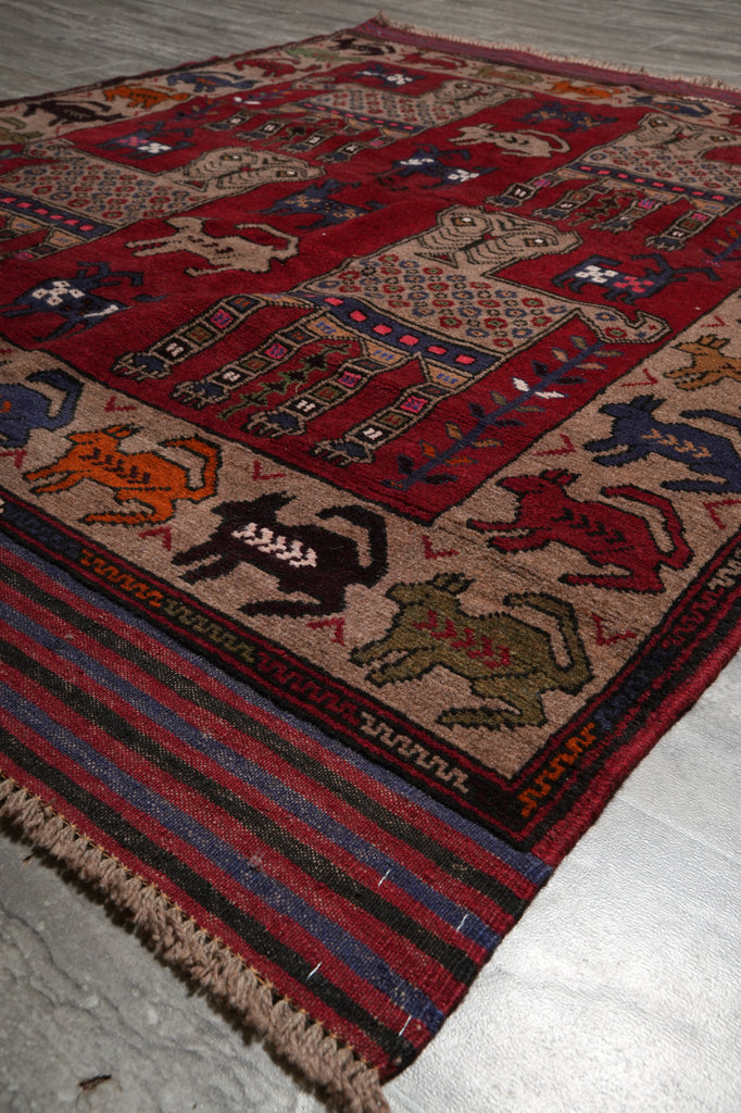 4.4 x 6 Handmade Art and Craft Pictorial Animal Motif Afghan Wool Rug #F-3231