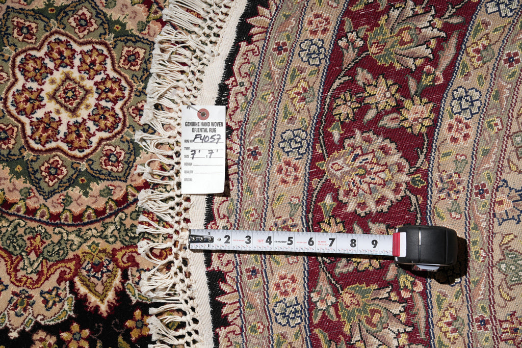 7.1 x 7.1 Round FIne weave Quality Wool and Silk Rug Burgundy Black #F-4057