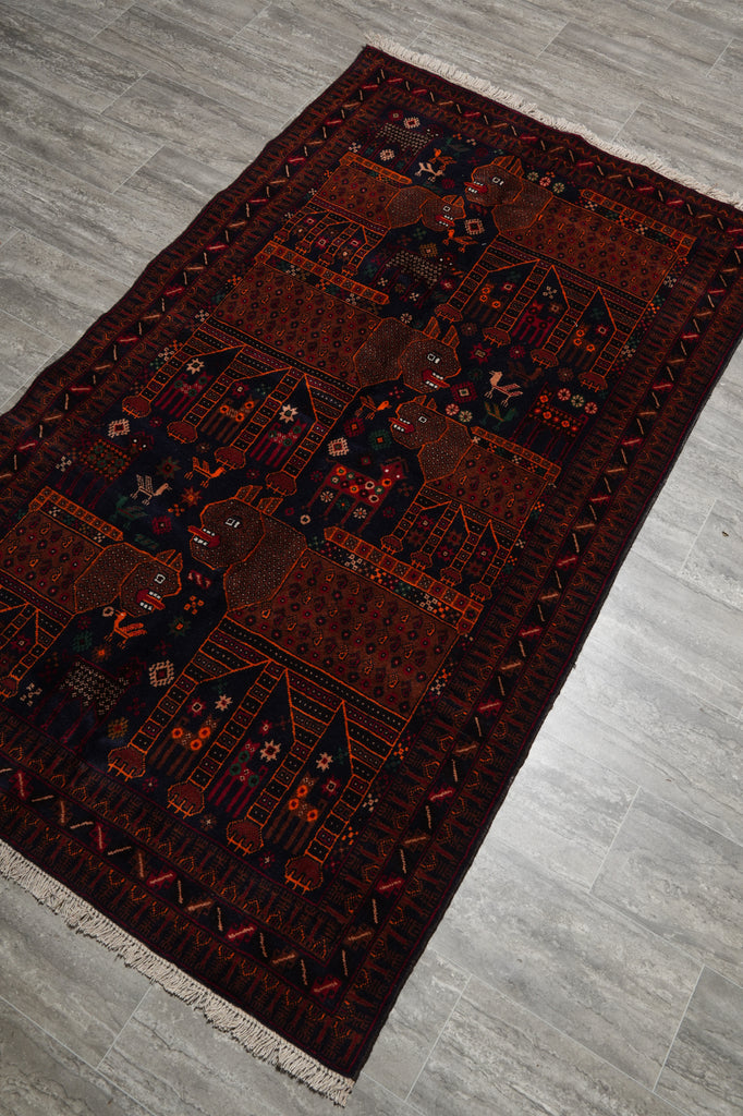 4 x 7 Handmade Wool Afghan Tribal Rug Art and Craft Animals #F-3233