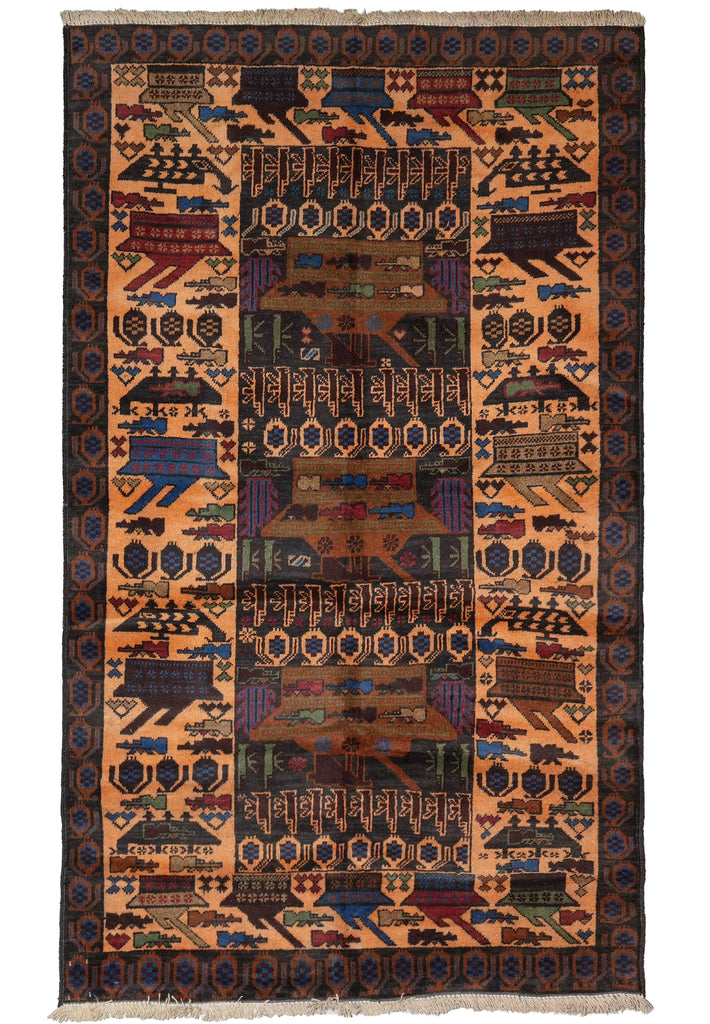 3.8 x 6.4 Brown Wool Afghan Baluch Rug #F-3239