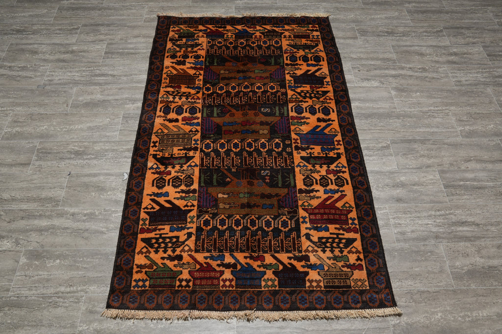 3.8 x 6.4 Brown Wool Afghan Baluch Rug #F-3239