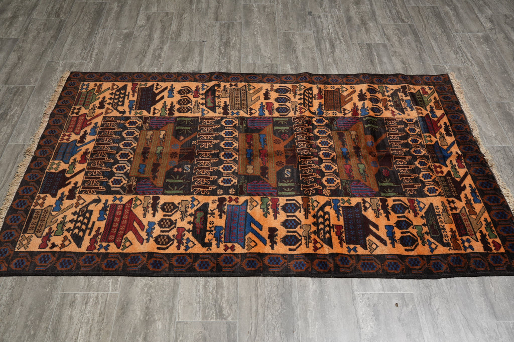 3.8 x 6.4 Brown Wool Afghan Baluch Rug #F-3239