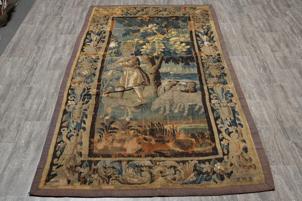 4.8 x 8 Authentic French ANTIQUE Tapestry Scenery 100 Years Old #F-3029