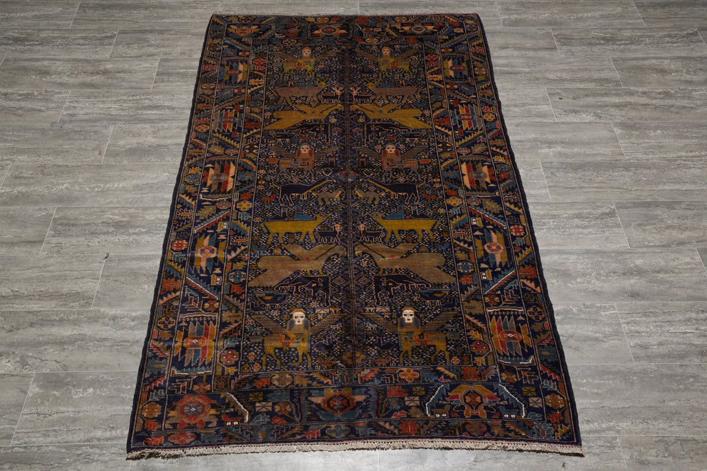 3.9 x 6 Pictorial Animal Motif Tribal Rug Afghanistan Art Handmade #F-3236