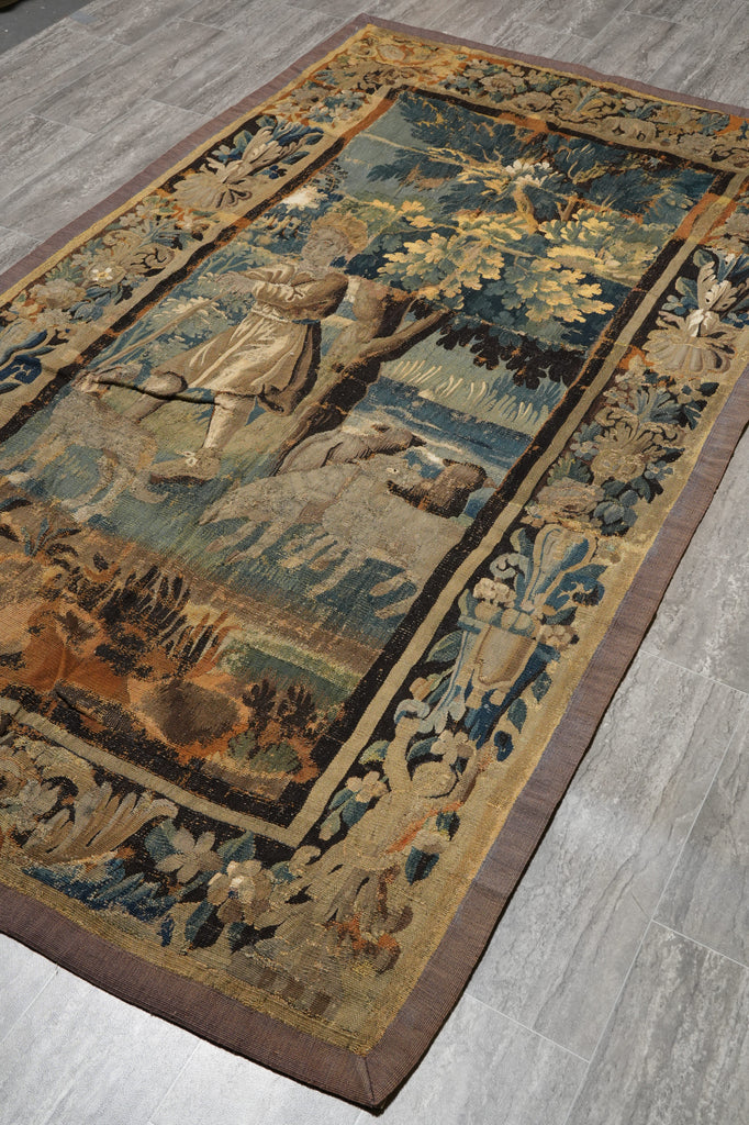 4.8 x 8 Authentic French ANTIQUE Tapestry Scenery 100 Years Old #F-3029