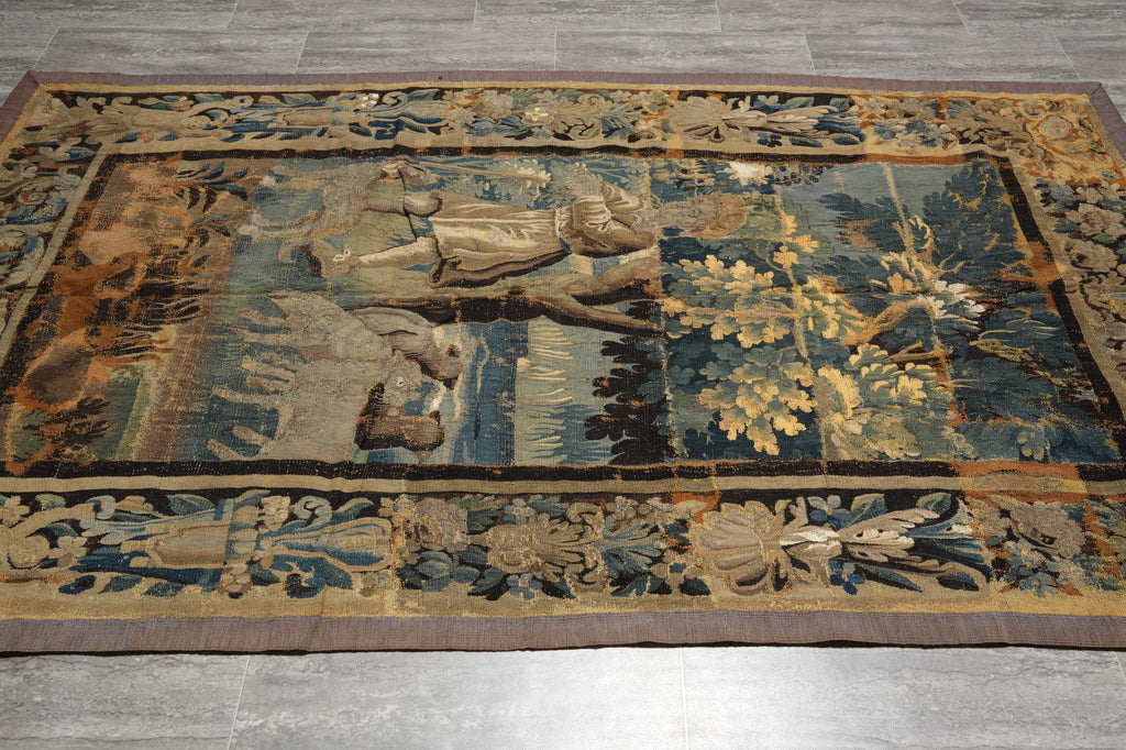 4.8 x 8 Authentic French ANTIQUE Tapestry Scenery 100 Years Old #F-3029