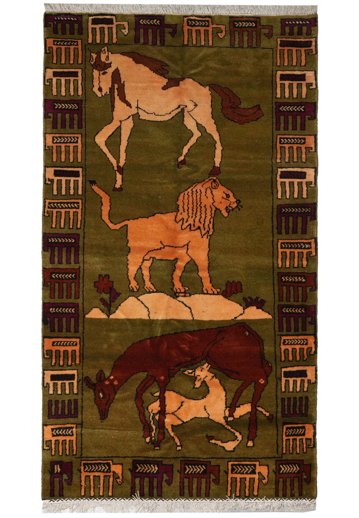 3.7 x 6.9 Lion Horse Cow Tribal Rug #F-3235