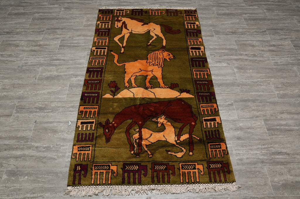 3.7 x 6.9 Lion Horse Cow Tribal Rug #F-3235