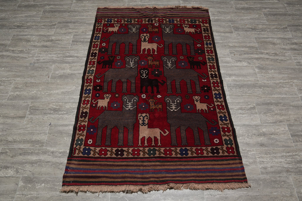 4 x 6 Handmade Afghan Village Art and Craft Rug Animal Pattern Tribal Pictorial Carpet #F-3250