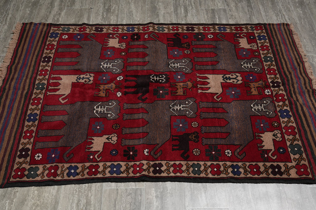 4 x 6 Handmade Afghan Village Art and Craft Rug Animal Pattern Tribal Pictorial Carpet #F-3250