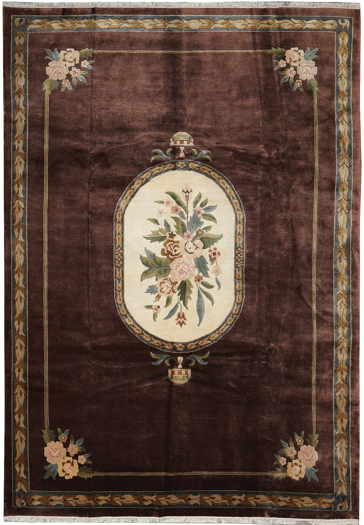 10.2 x 14 Handmade Wool Rug French Aubusson Brown #F-4408