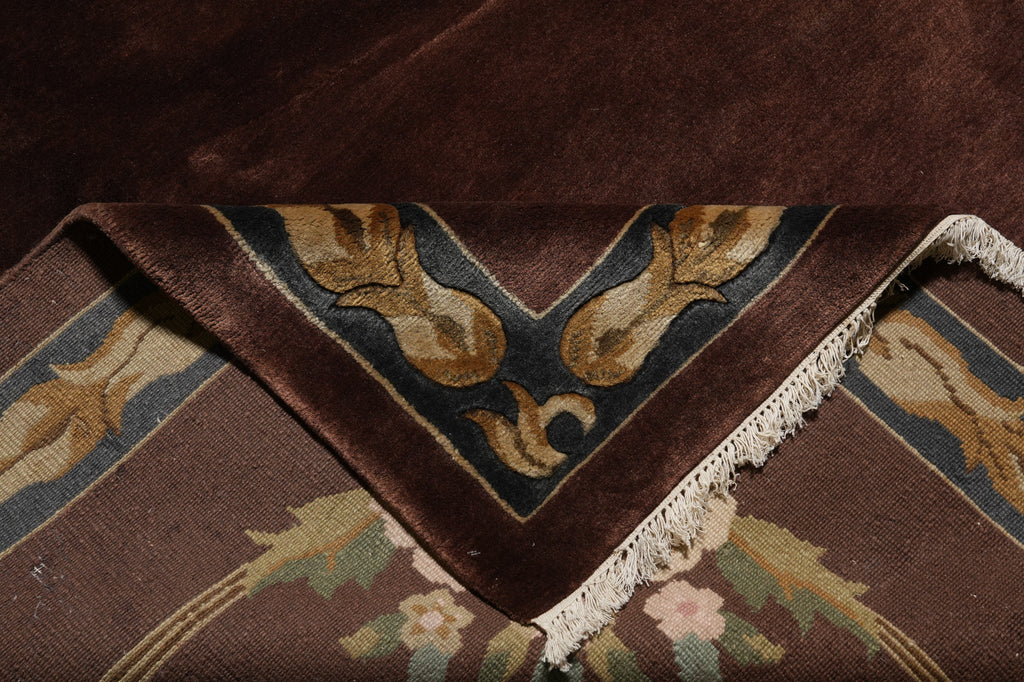 10.2 x 14 Handmade Wool Rug French Aubusson Brown #F-4408