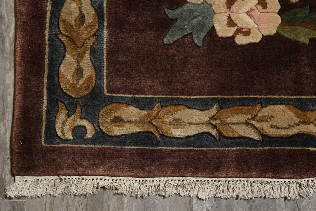 10.2 x 14 Handmade Wool Rug French Aubusson Brown #F-4408