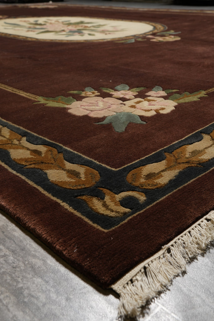 10.2 x 14 Handmade Wool Rug French Aubusson Brown #F-4408