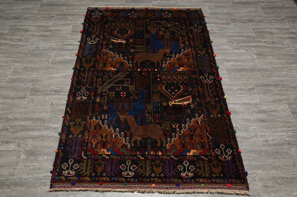 4 x 6.7 Tribal Rug Handmade Afghanistan Wool Animal Motif #F-3247