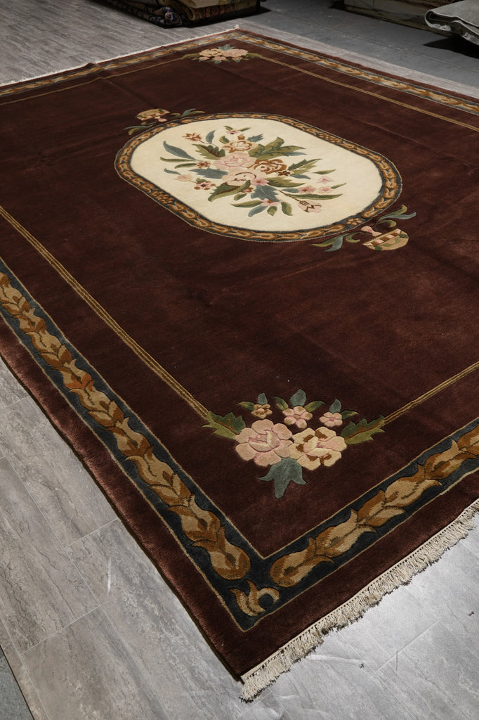 10.2 x 14 Handmade Wool Rug French Aubusson Brown #F-4408