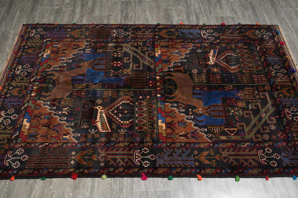 4 x 6.7 Tribal Rug Handmade Afghanistan Wool Animal Motif #F-3247