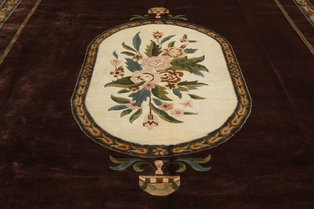 10.2 x 14 Handmade Wool Rug French Aubusson Brown #F-4408