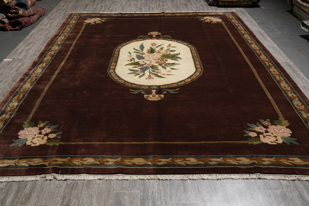 10.2 x 14 Handmade Wool Rug French Aubusson Brown #F-4408