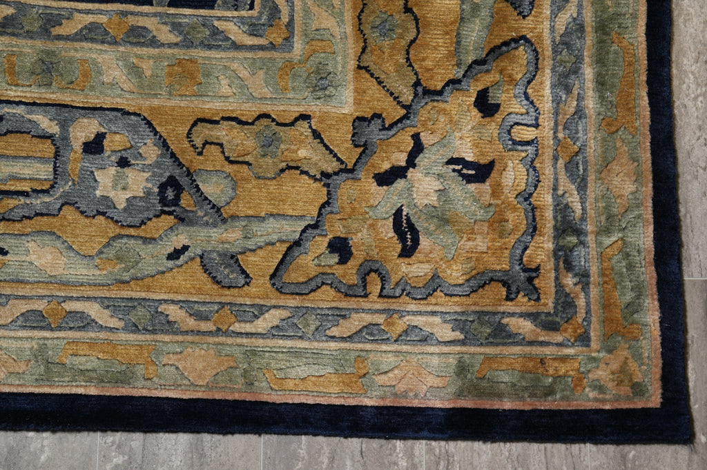 10 x 13.6 Handmade Nepali Rug Dark Blue and Gold #F-4409