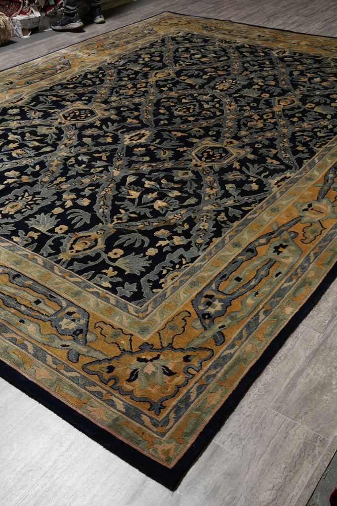 10 x 13.6 Handmade Nepali Rug Dark Blue and Gold #F-4409