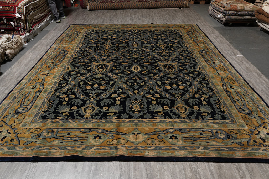10 x 13.6 Handmade Nepali Rug Dark Blue and Gold #F-4409