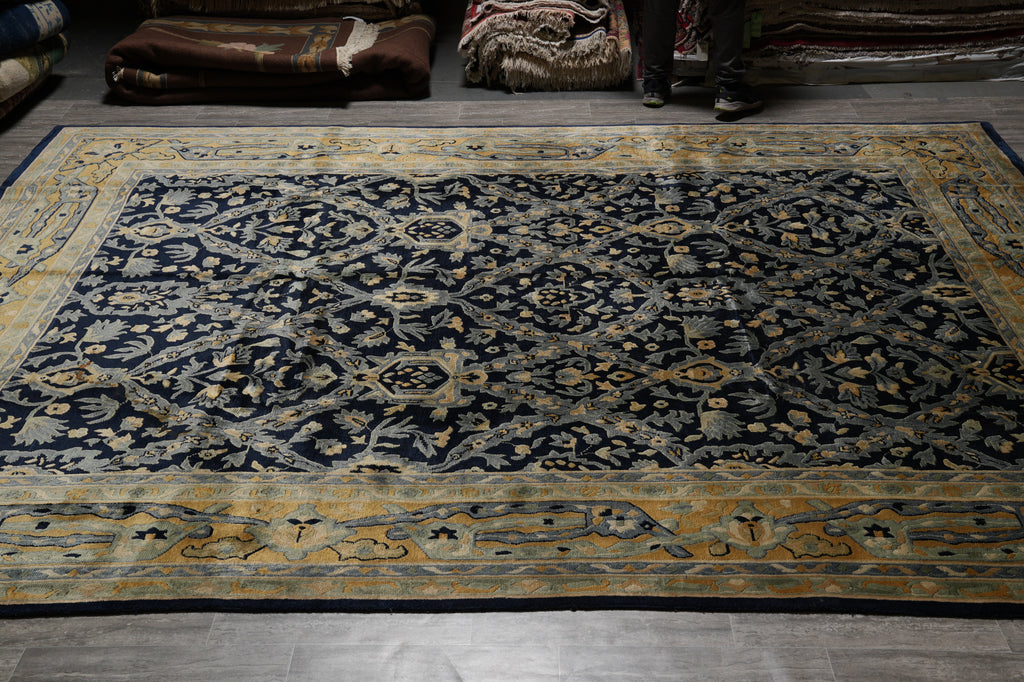 10 x 13.6 Handmade Nepali Rug Dark Blue and Gold #F-4409