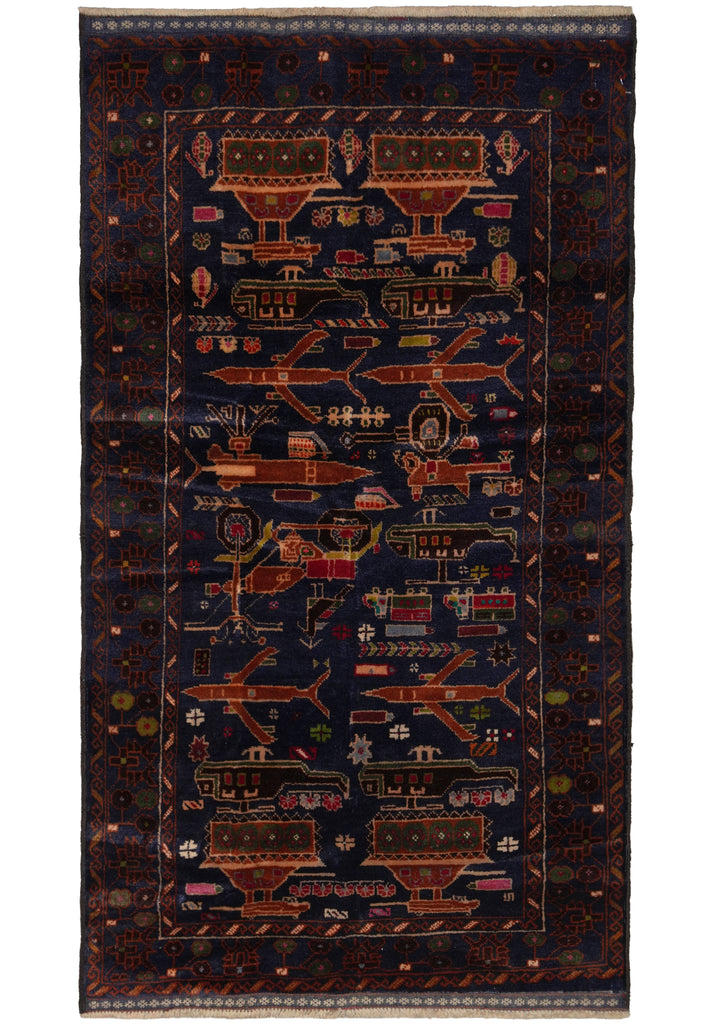 3 x 5.4 War Rug Handmade Wool Tank, Gun, Helicopter #F-3260