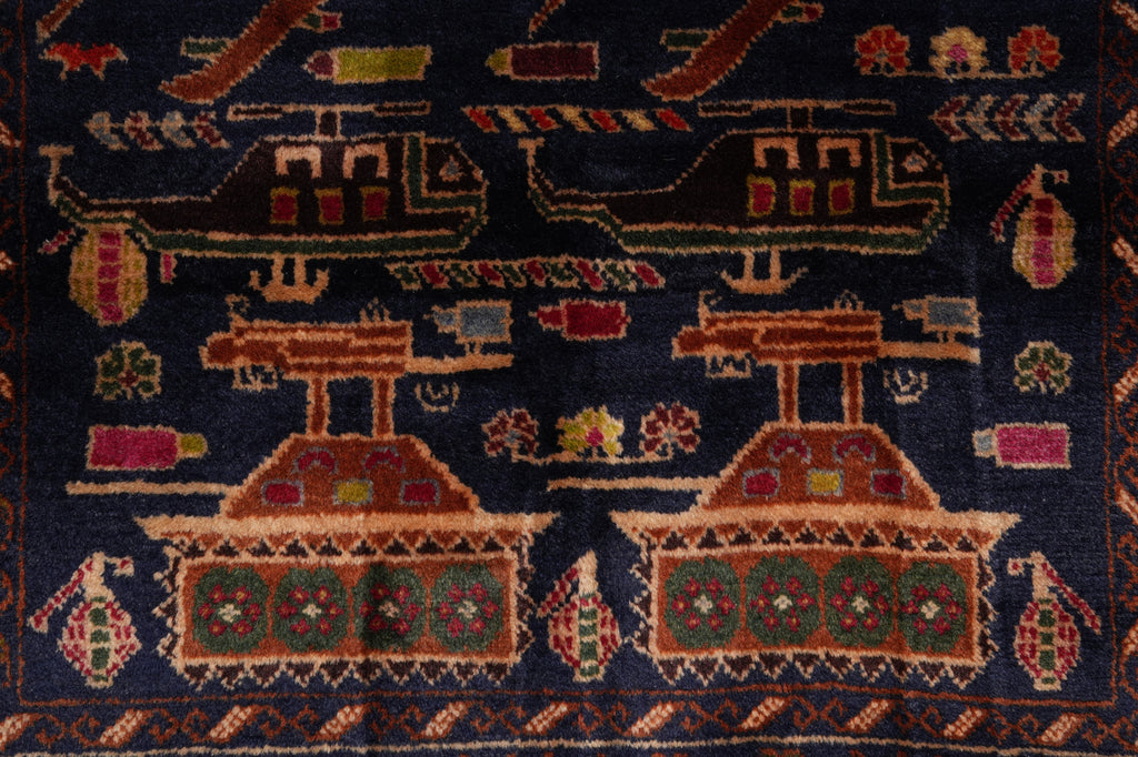 3 x 5.4 War Rug Handmade Wool Tank, Gun, Helicopter #F-3260