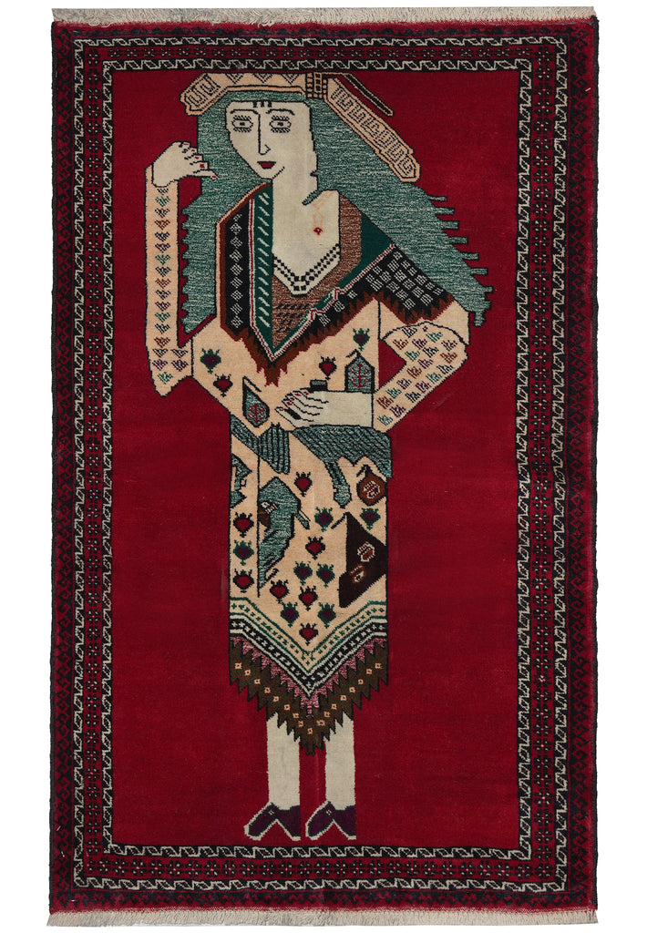 3 x 4.9 Hand-Knotted Pictorial Primitive Rug #F-3261