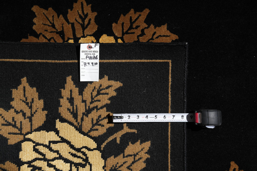 7.9 x 10 New Handmade India Wool Floral BLACK Rug #F-4076