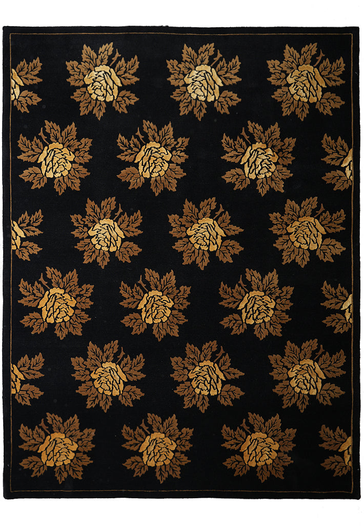 7.9 x 10 New Handmade India Wool Floral BLACK Rug #F-4076