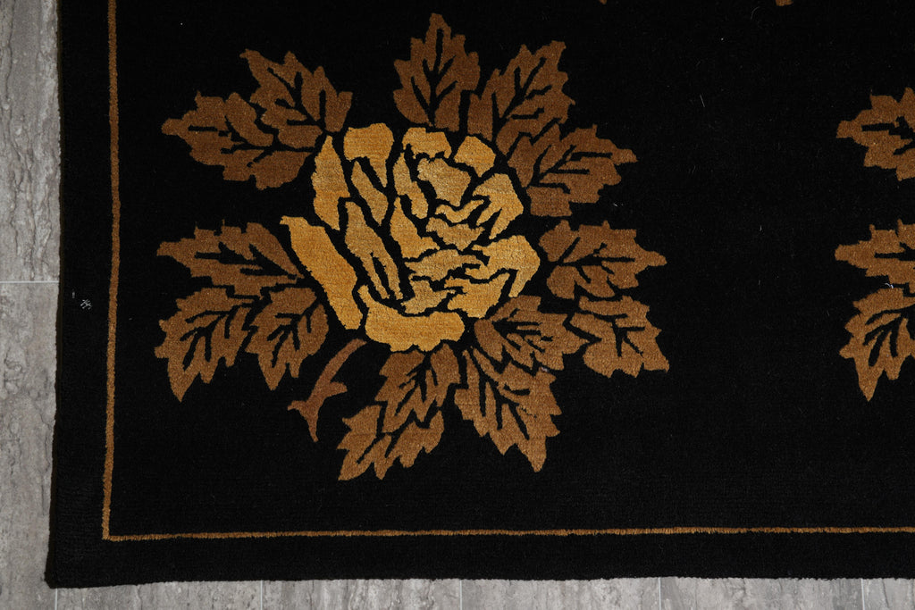 7.9 x 10 New Handmade India Wool Floral BLACK Rug #F-4076