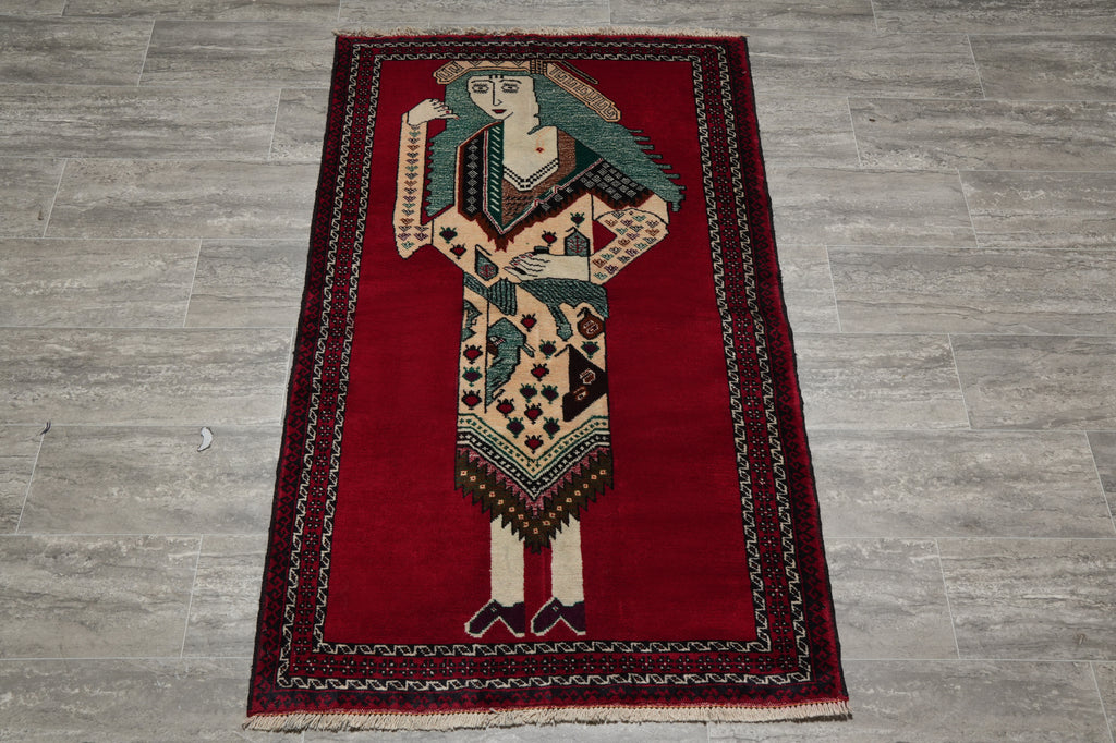 3 x 4.9 Hand-Knotted Pictorial Primitive Rug #F-3261