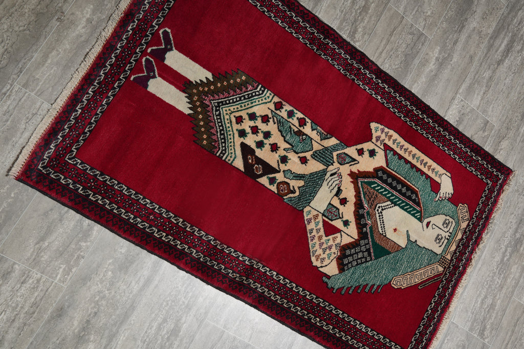 3 x 4.9 Hand-Knotted Pictorial Primitive Rug #F-3261