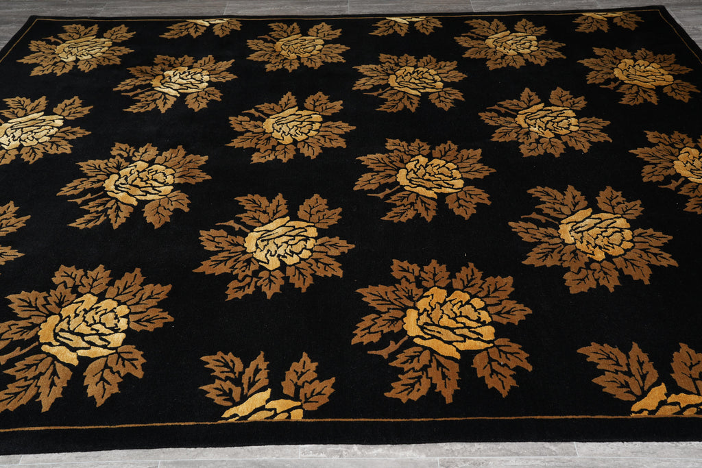 7.9 x 10 New Handmade India Wool Floral BLACK Rug #F-4076