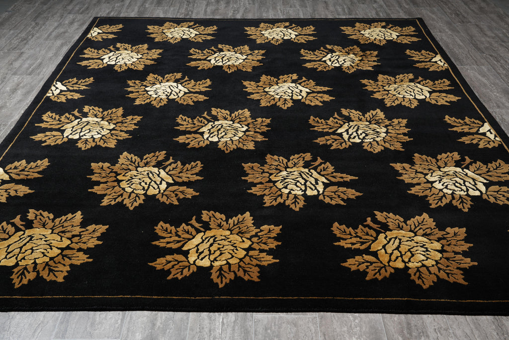 7.9 x 10 New Handmade India Wool Floral BLACK Rug #F-4076