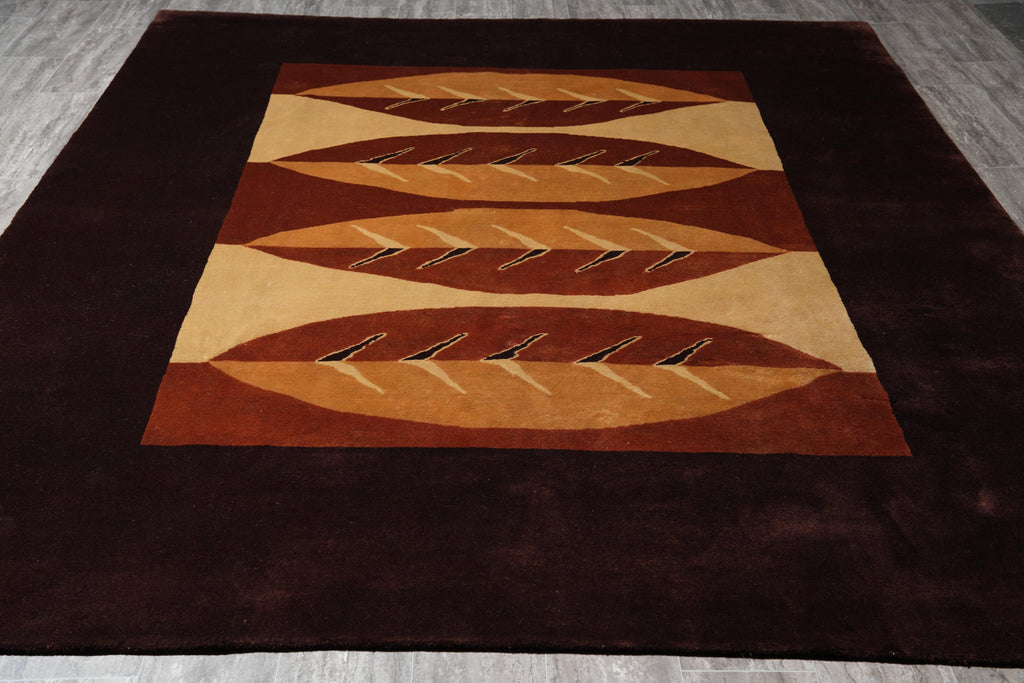 8.0 x 10 Modern Handmade Wool Rug Black Burgundy #F-4080