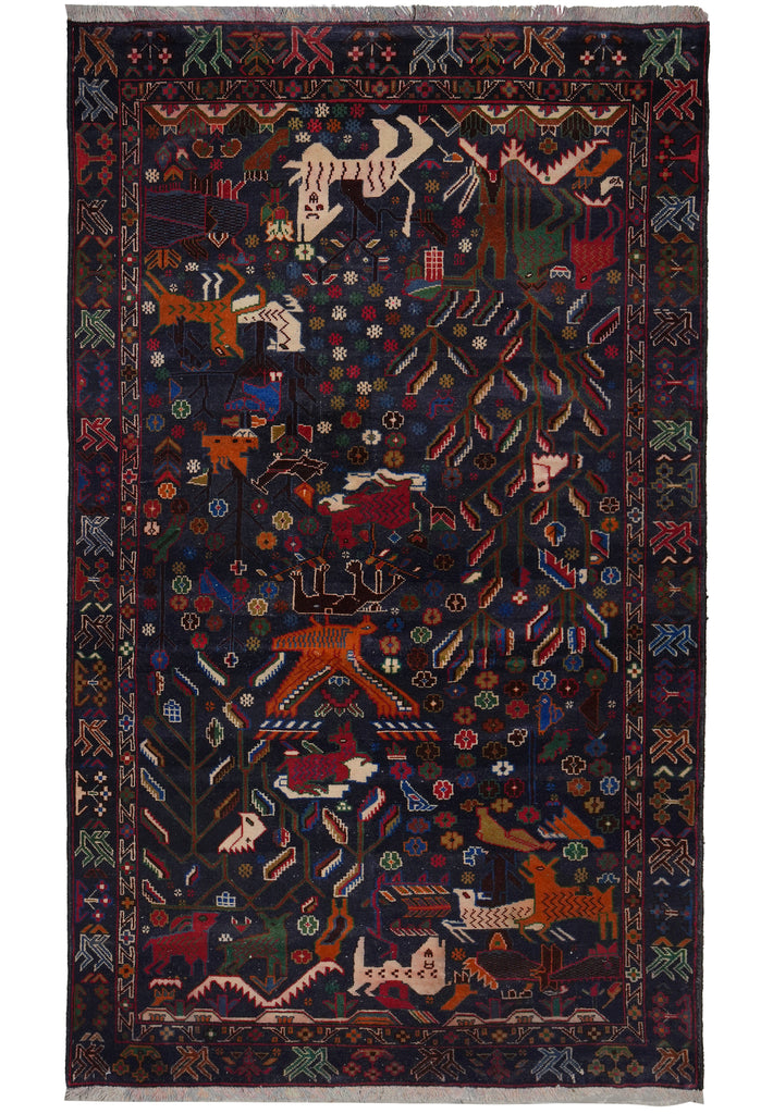 3.9 x 7 Dark Animal Motif Village Tribal Rug #F-3240