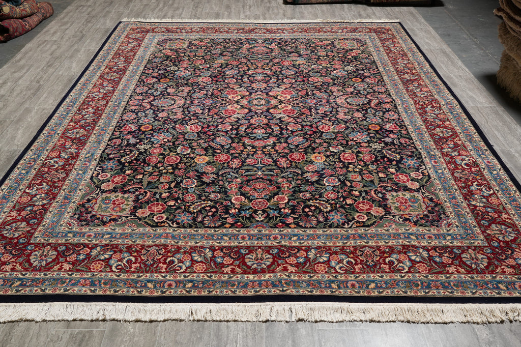 9.1 x 12.6 Fine Handmade Rug Black Colorfull Floral #PIX-14343