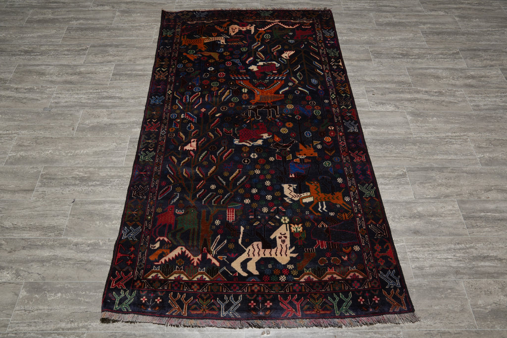 3.9 x 7 Dark Animal Motif Village Tribal Rug #F-3240