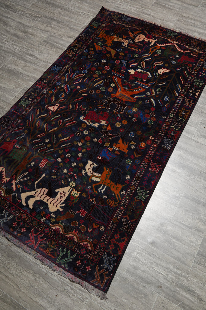 3.9 x 7 Dark Animal Motif Village Tribal Rug #F-3240